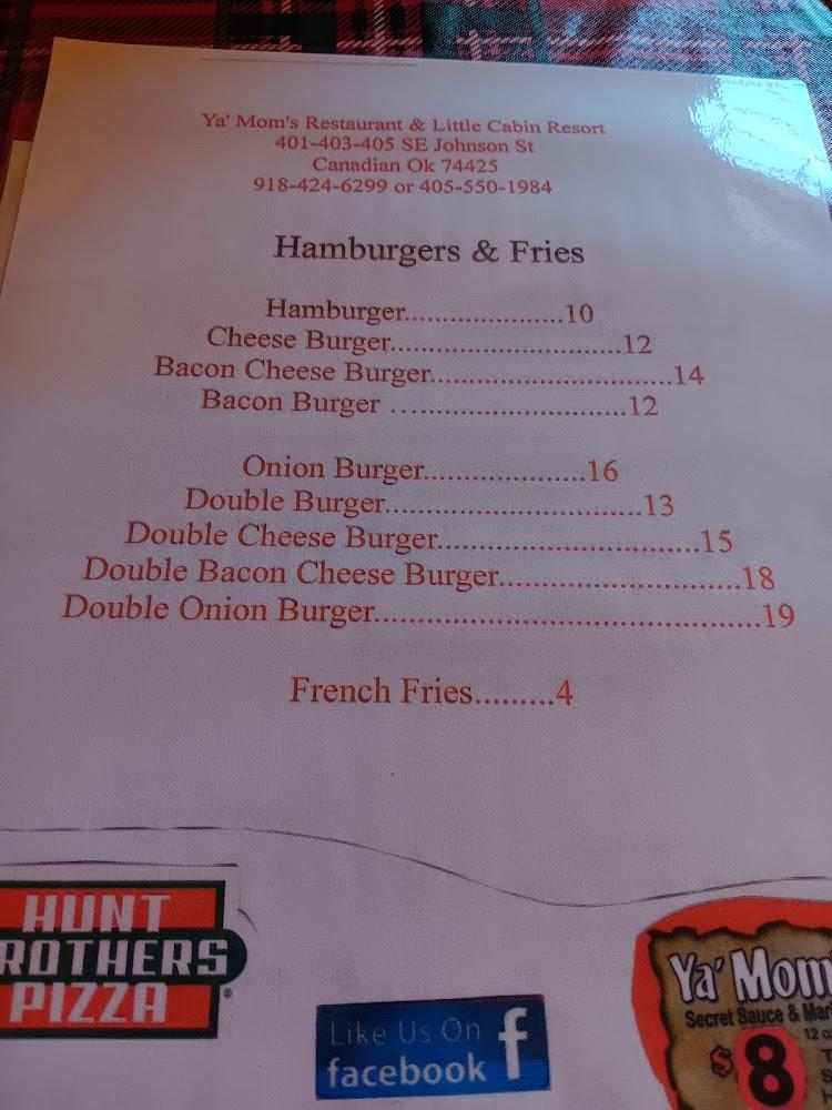 Ya' Mom's Restaurant & Little Cabin Resort Menu image 2